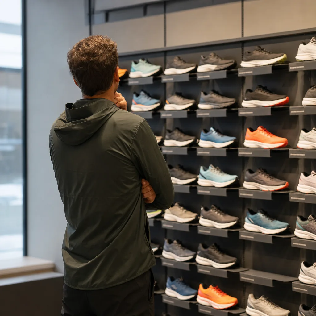 Löpare som funderar framför en butikshylla med tävlingsskor