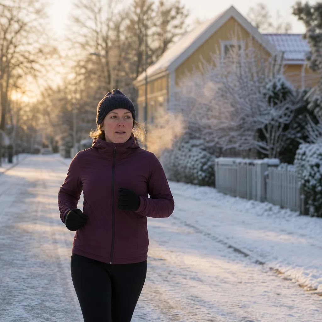 Löpare i vinterjacka och mössa på snöig villagata