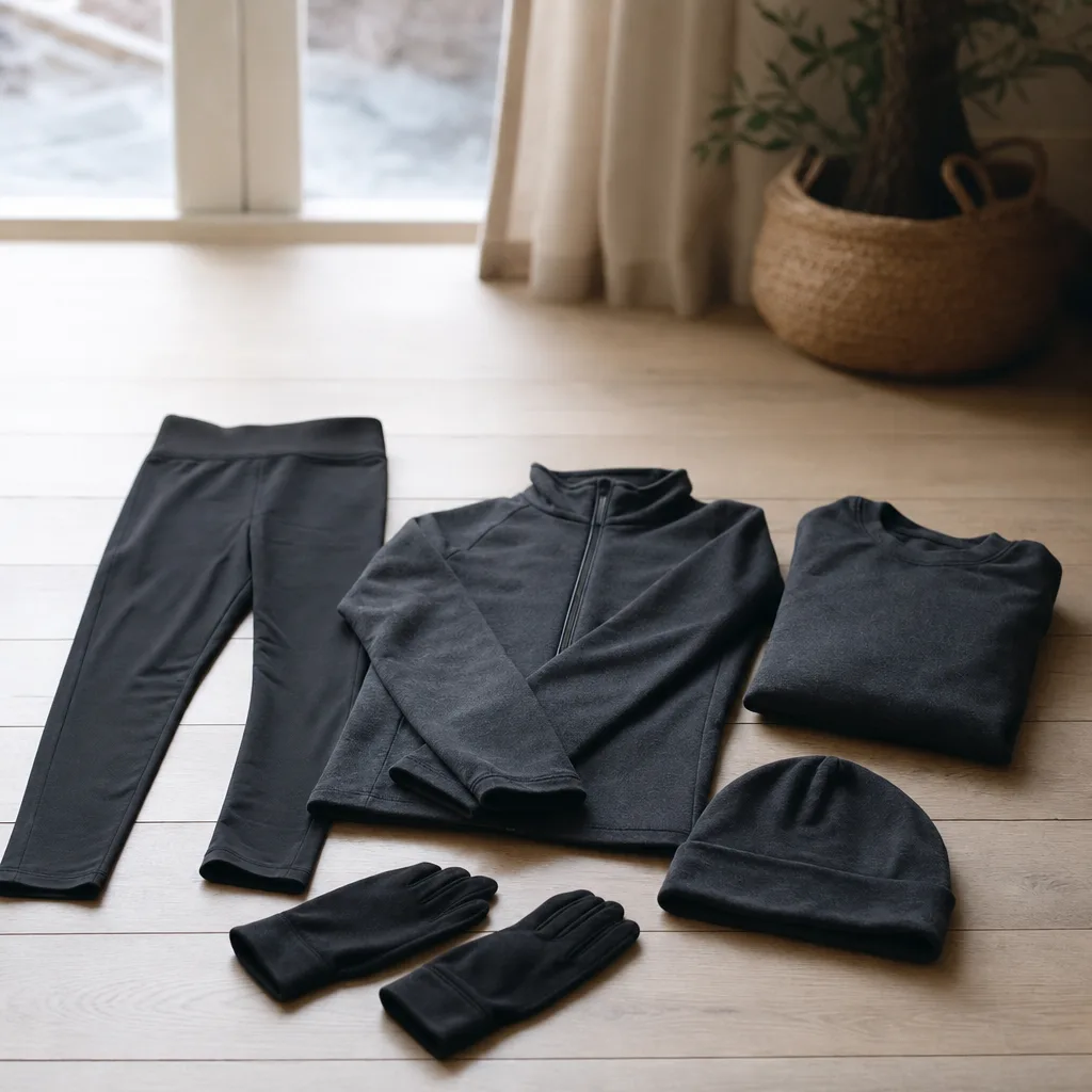 Vinterlöparutrustning upplagd på golv: tights