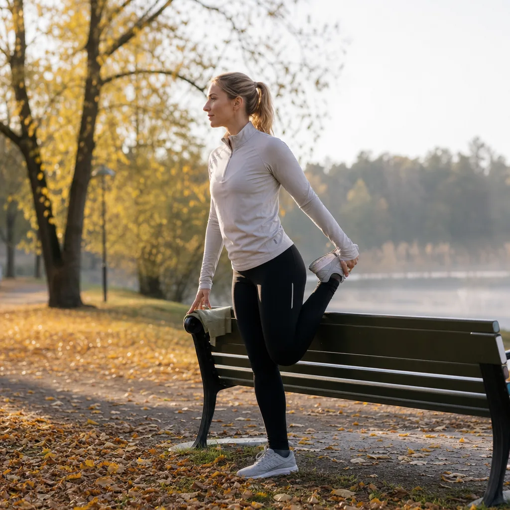 Kvinna i löpartights som stretchar vid en parkbänk