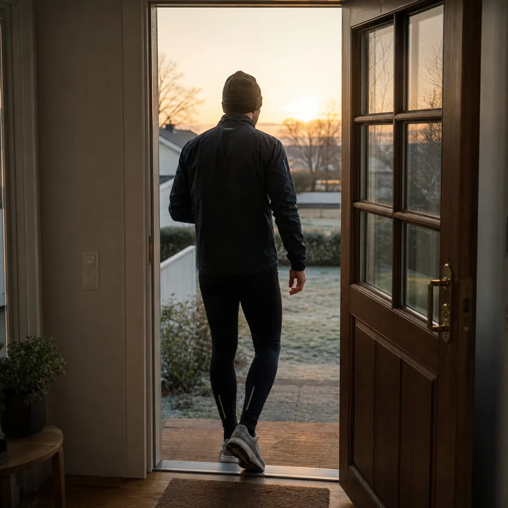 Man i löpartights och löparjacka på väg ut genom en villadörr i gryning