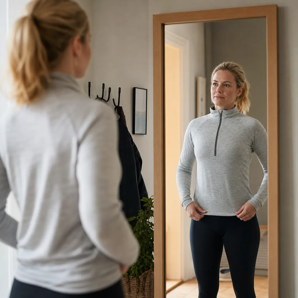 Löpare som justerar passformen på sin tröja framför en hallspegel