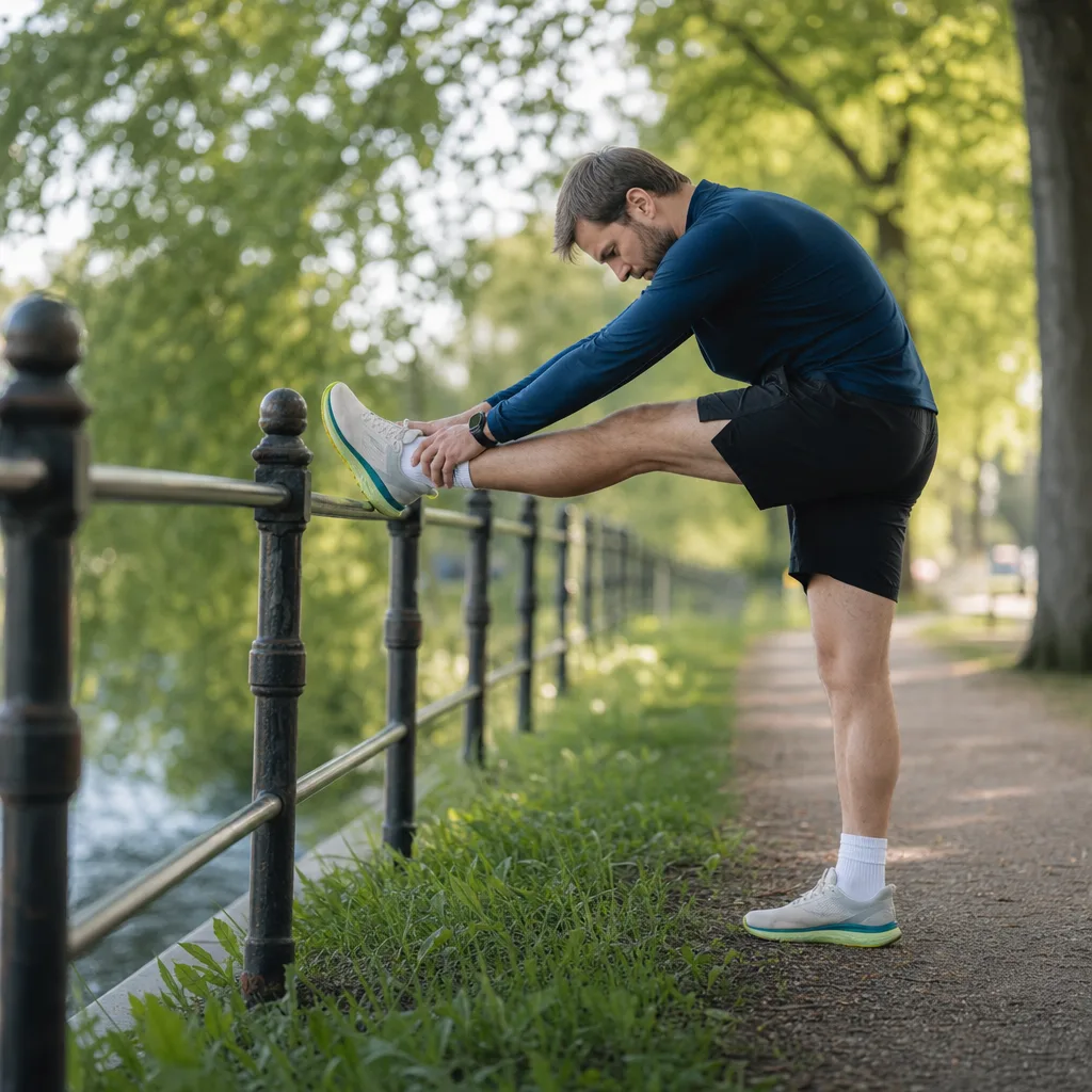 Man som stretchar vid ett räcke med löparskor i fokus