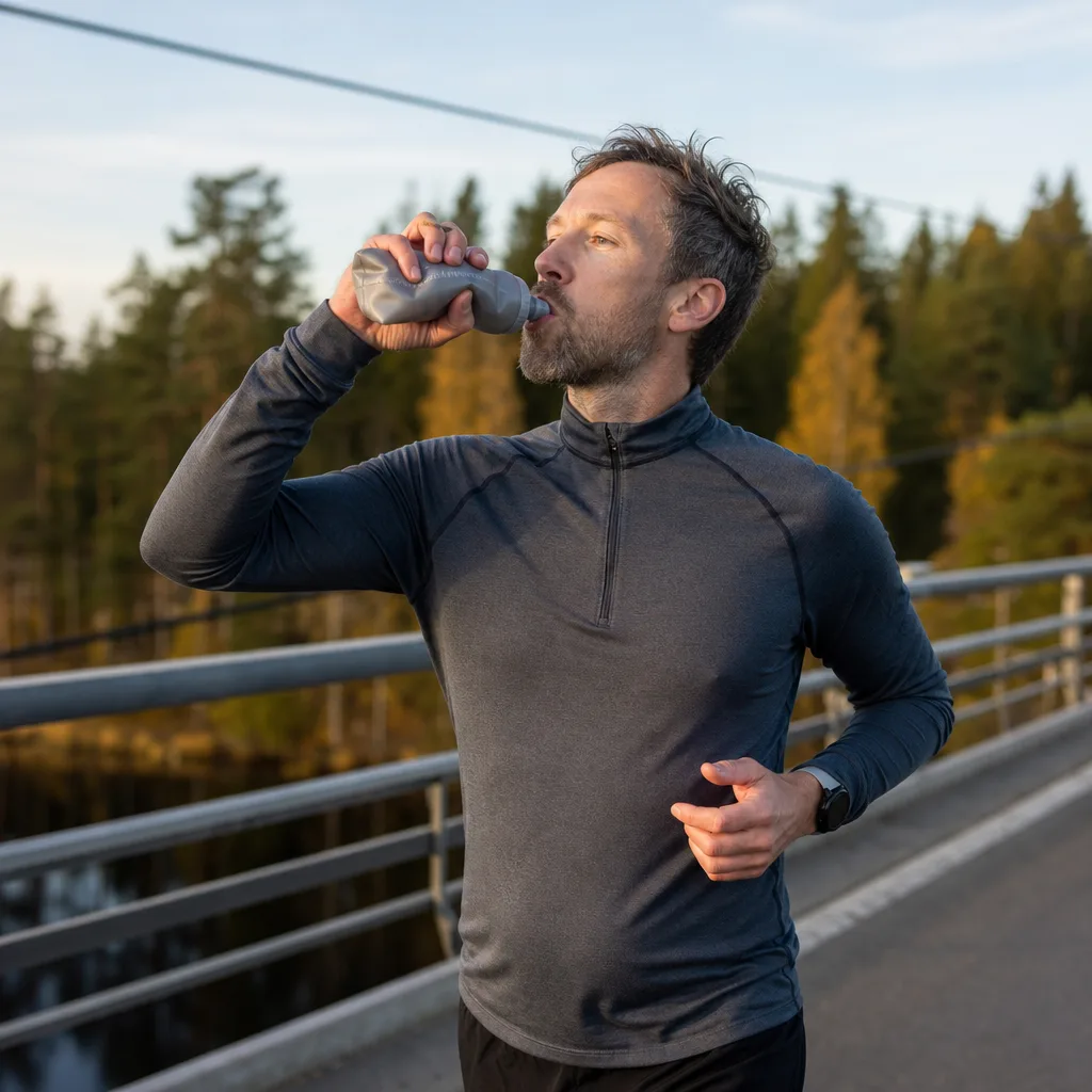 Löpare som tar energi ur mjuk flaska under långpass på bro