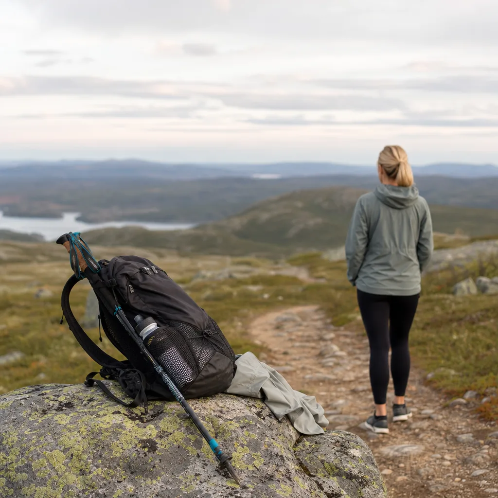 Löparryggsäck packad på klippa vid led