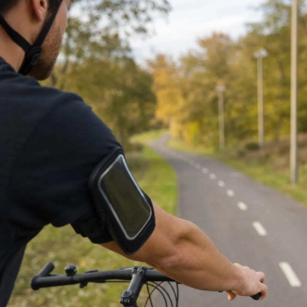 Löpararm med mobilarmband på cykelbana