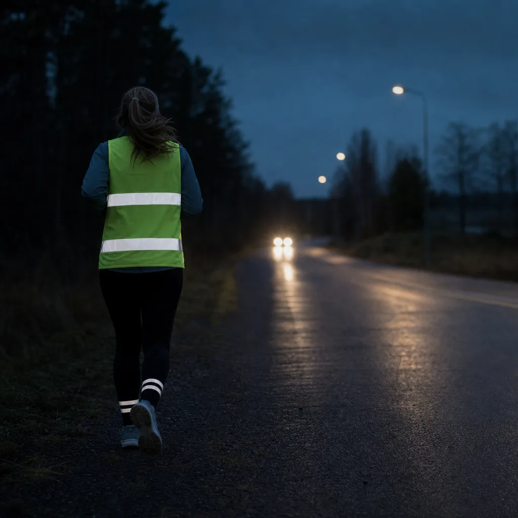 Löpare med reflexväst och reflexband på mörk landsväg