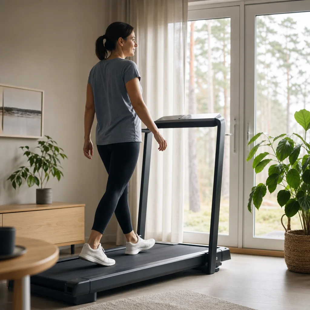 Person som går i lugn takt på löpband hemma