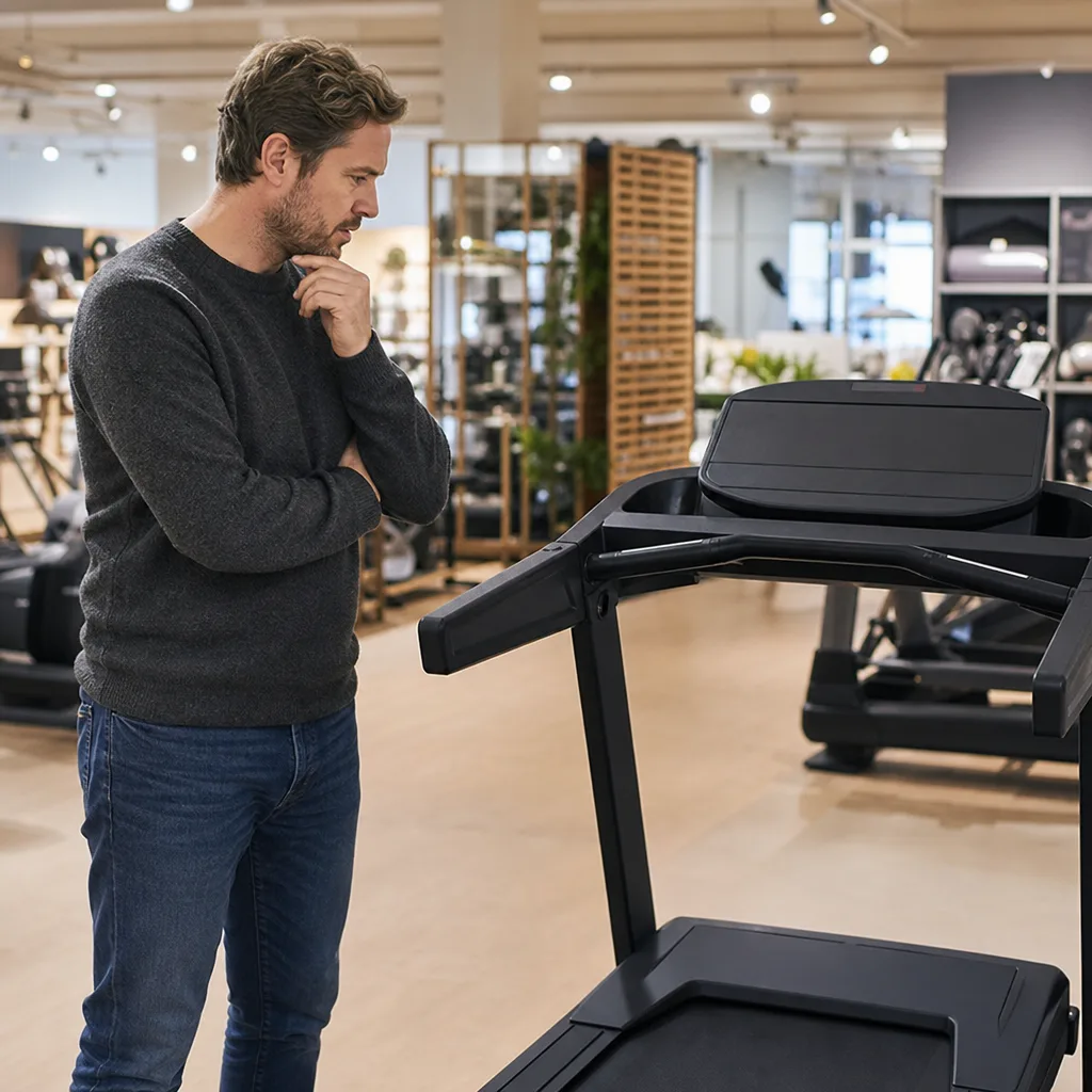 Person som läser på om löpband framför uppställd maskin i butik-liknande miljö utan skyltar