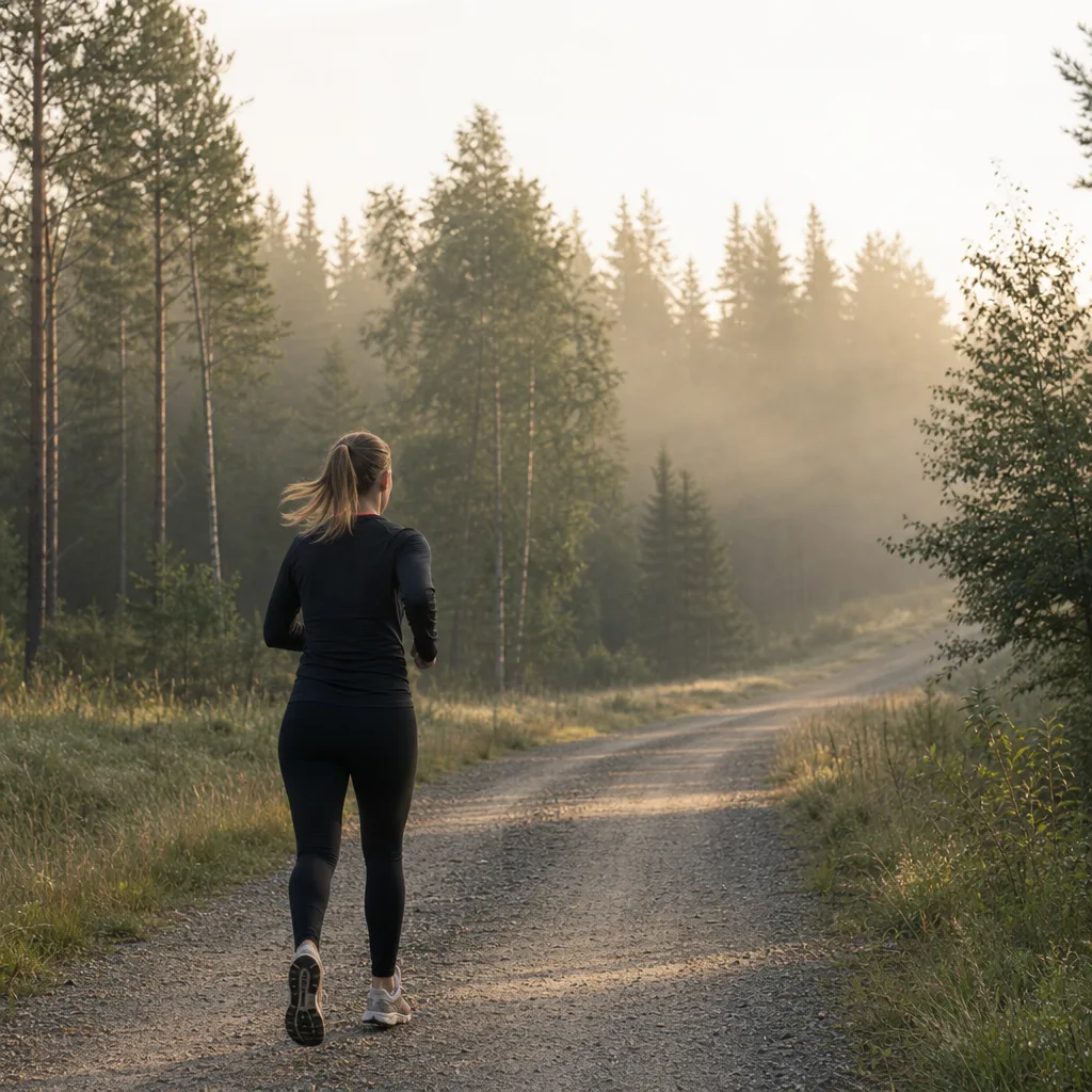 Löpare som joggar på en grusväg genom svensk sommarskog i tidig morgondimma