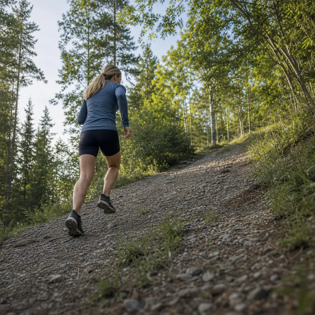 Löpare på väg uppför en brant grusbacke i svensk skog