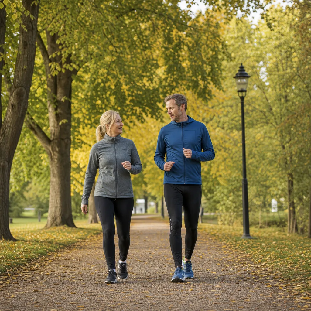 Två löpare som växlar mellan jogg och gång i en park