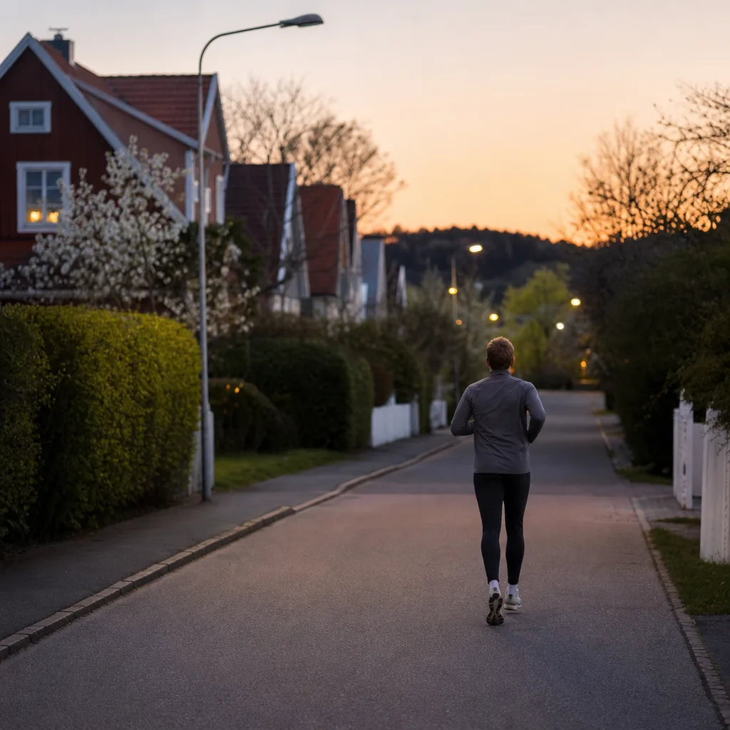 Löpare som joggar långsamt ut på en lugn villagata i skymning