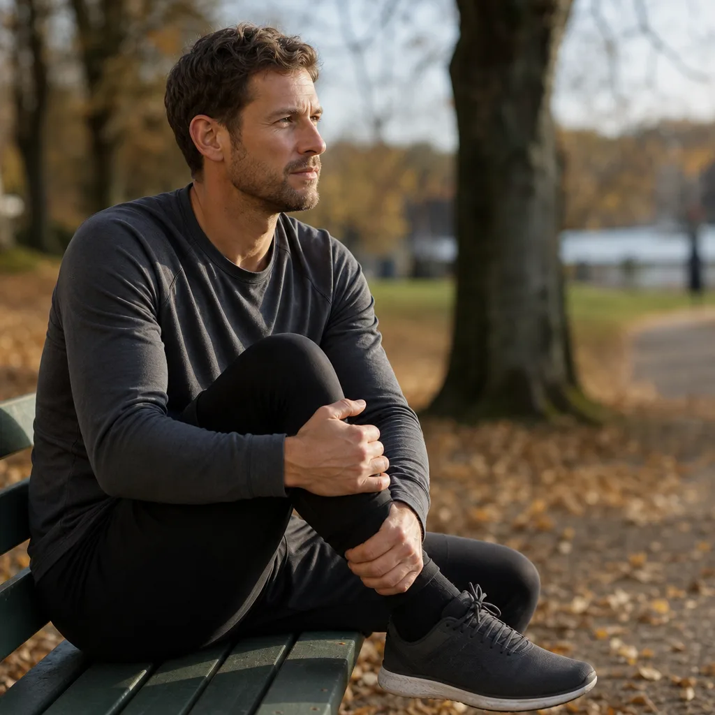 Löpare som sitter på parkbänk och håller handen om sitt knä