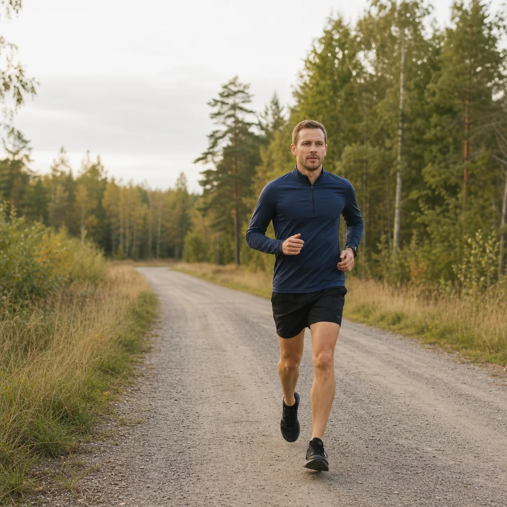Ensam löpare i jämnt högt tempo på en rak grusväg