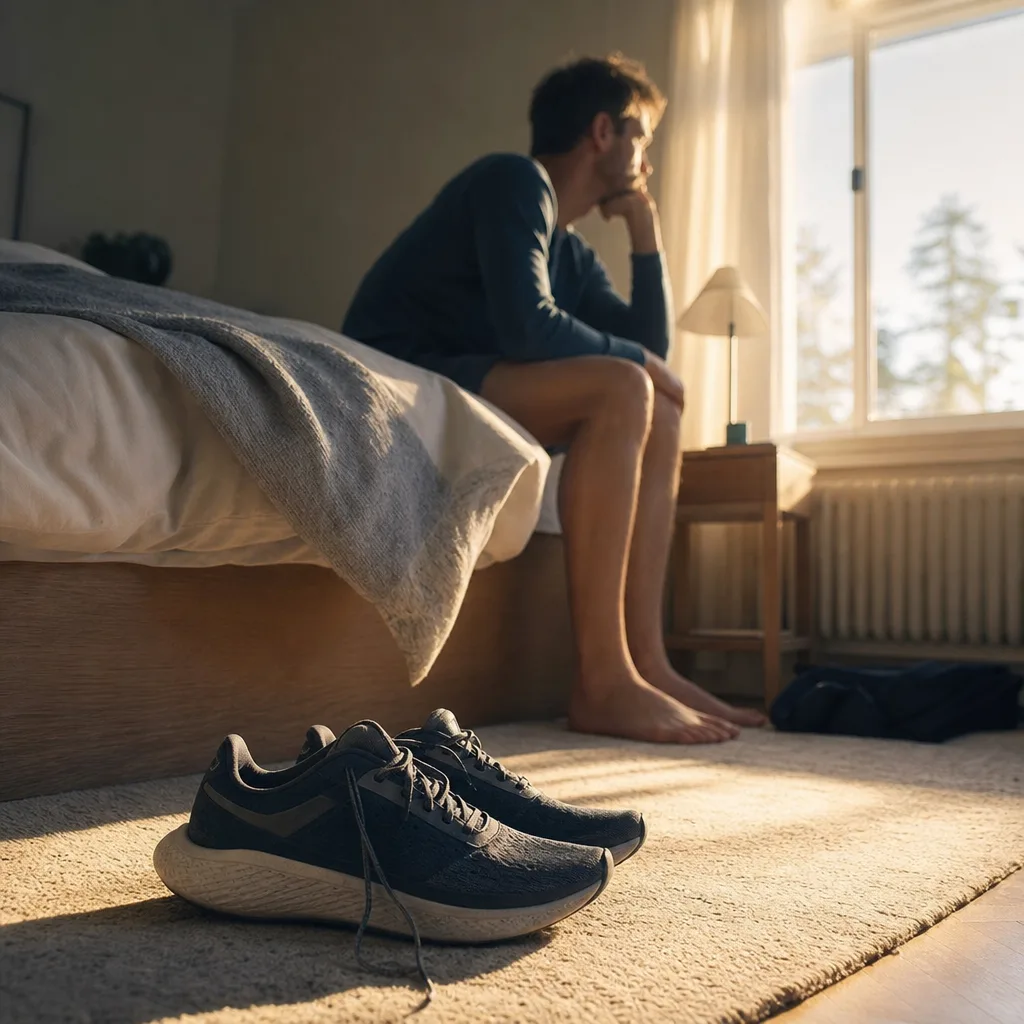 Löparskor vid sängkanten i morgonljus