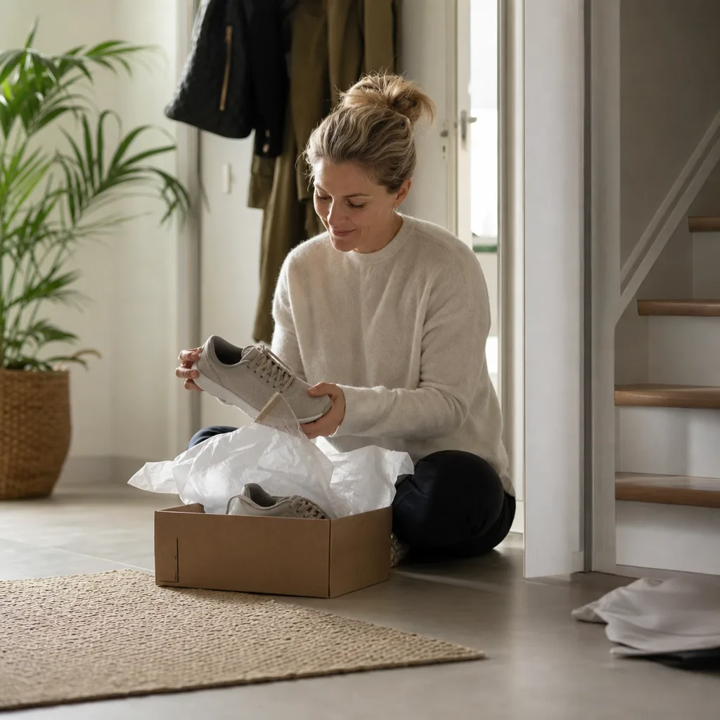 Öppnat paket med löparskor i silkespapper på hallgolv