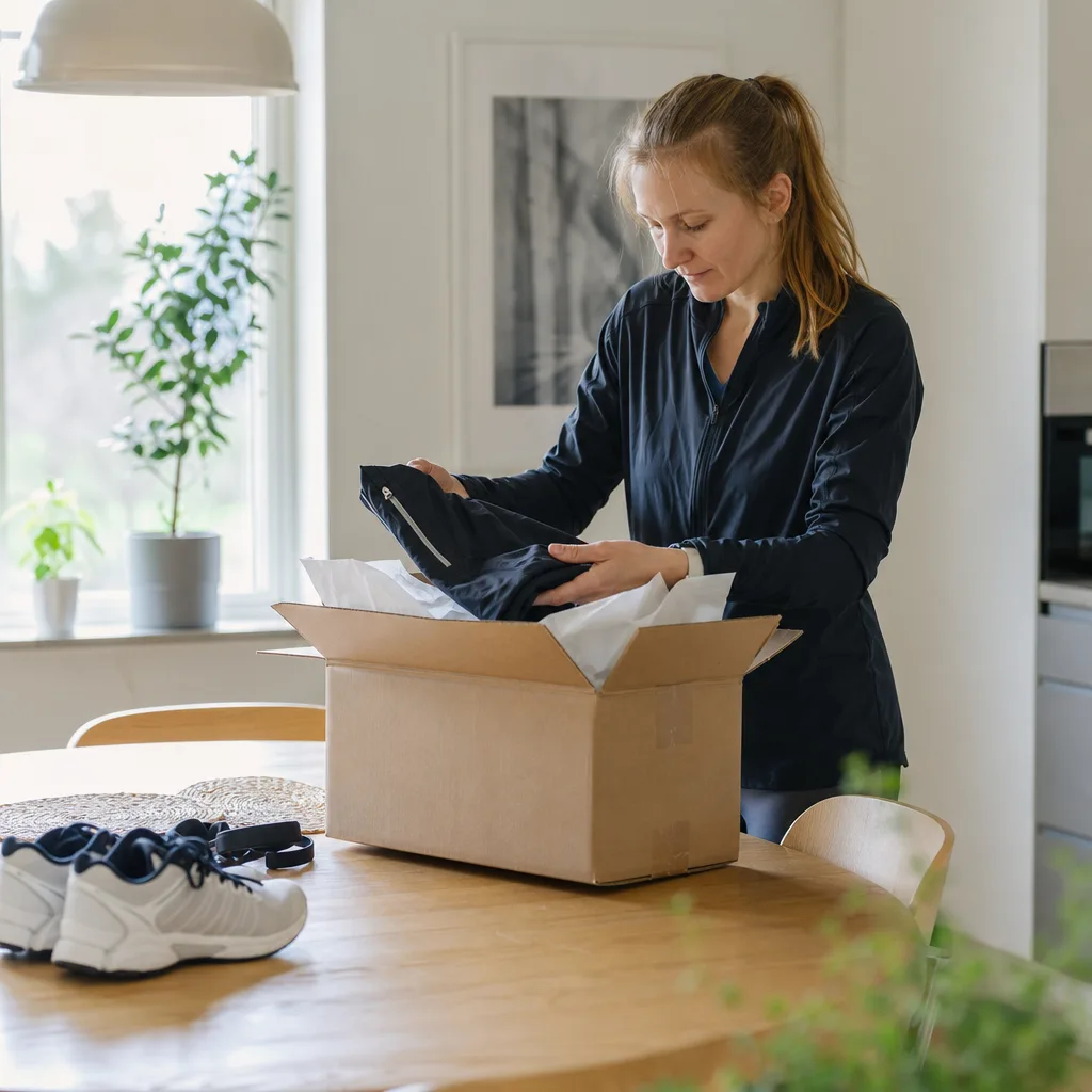Kartong med löparutrustning som packas upp på köksbord