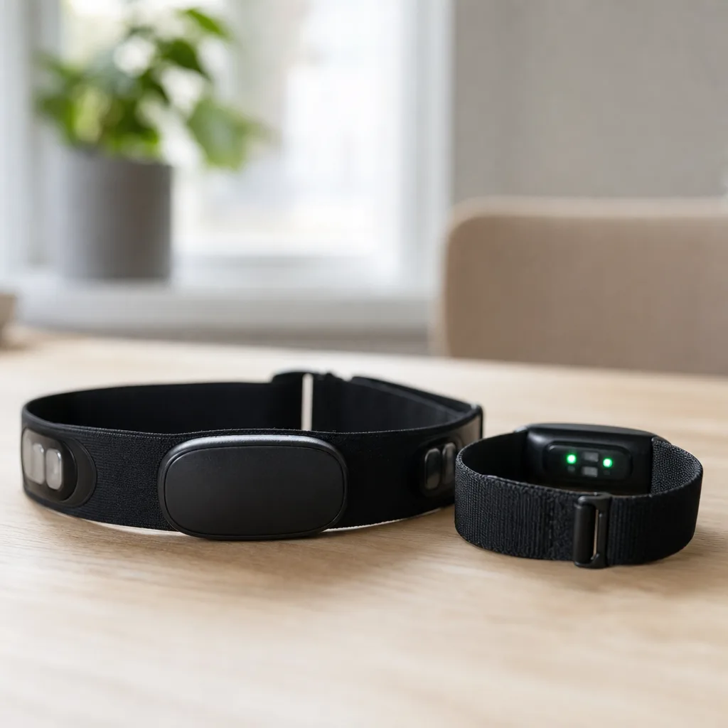 Närbild på ett elektrodbröstband och ett optiskt armband sida vid sida på neutral yta