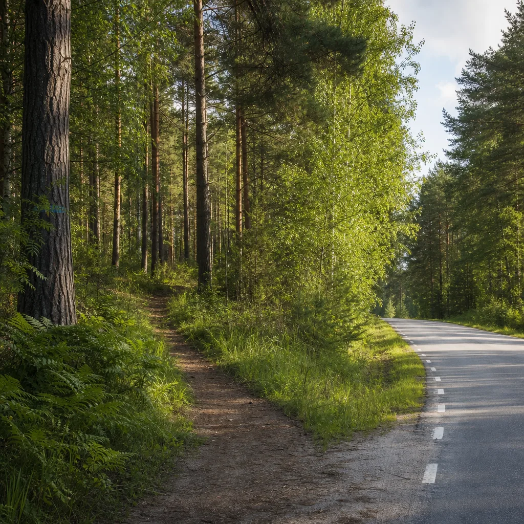 Stig som delar sig från en asfalterad väg in i skogen