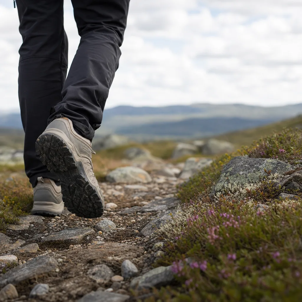 Trailskor med grov sula på en stenig stig i svensk fjällnära terräng