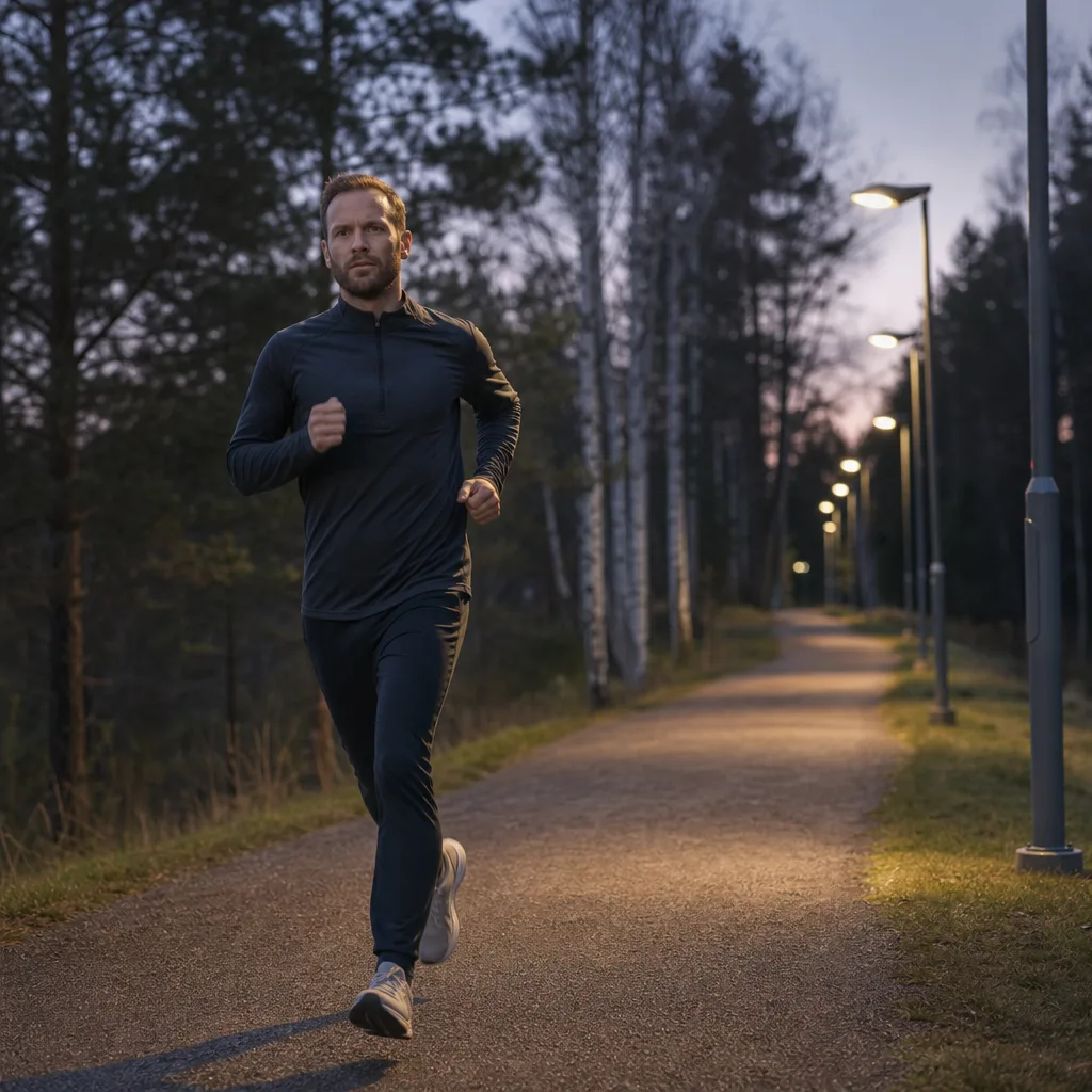 Löpare som pressar tempot på upplyst löparspår i kvällsljus