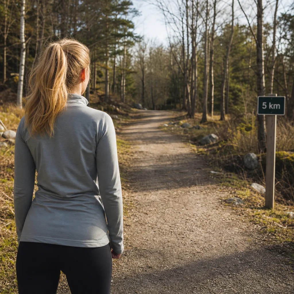 Nybliven löpare vid start av motionsspår med 5 km-skylt-känsla