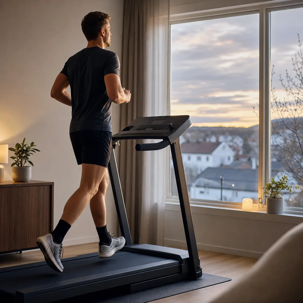 Löpare i jämn fart på löpband hemma