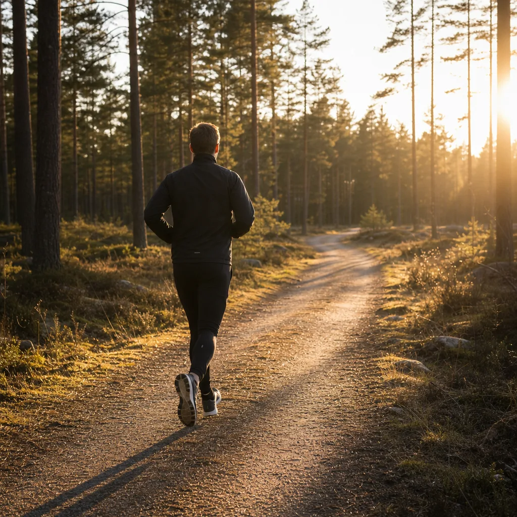Uthållig löpare på skogsväg med lång skugga