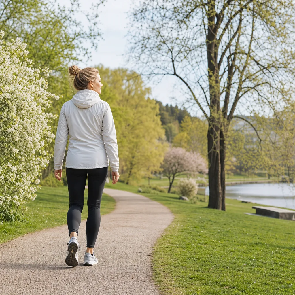 Person som promenerar raskt i en park med löparskor