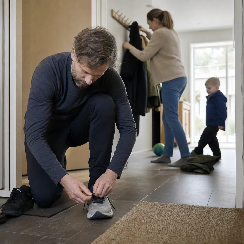 Förälder som knyter löparskor i hallen medan familjeliv pågår i bakgrunden