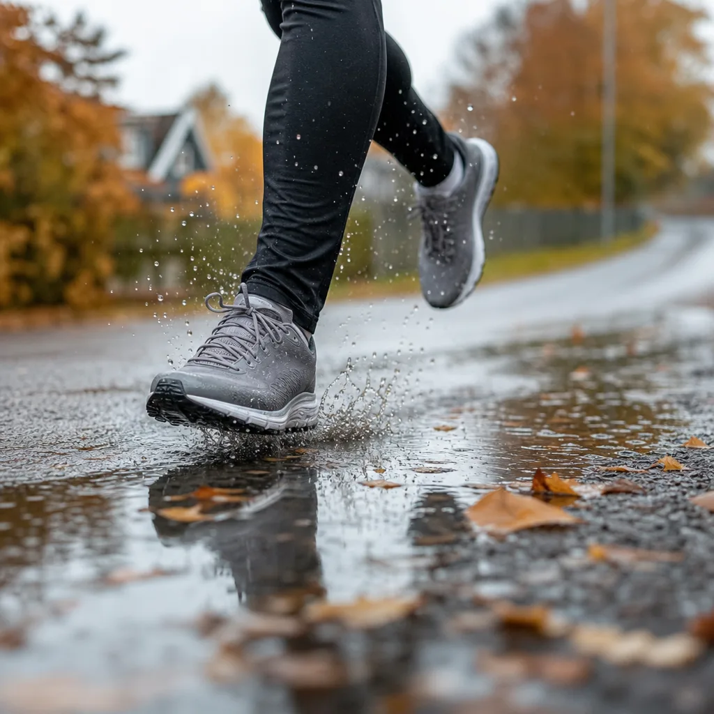 Löparsko som trampar i en vattenpöl med stänk