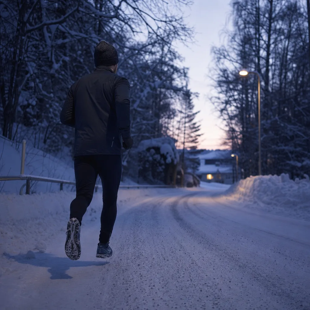 Löparskor med dubbar i nysnö på en vinterväg